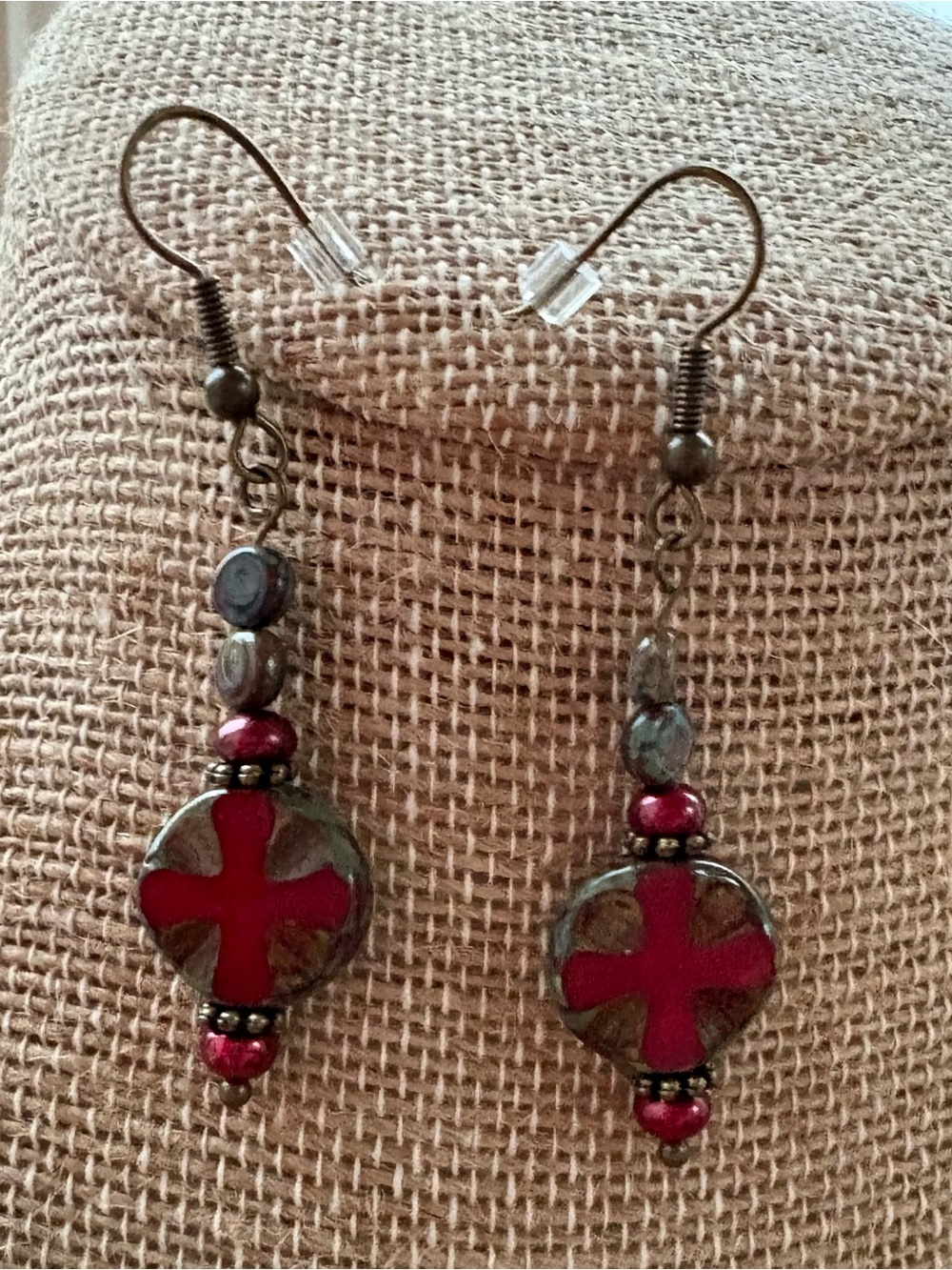 Handmade Czech Bead Red Cross Accent Dangle Earrings - Women Jewelry